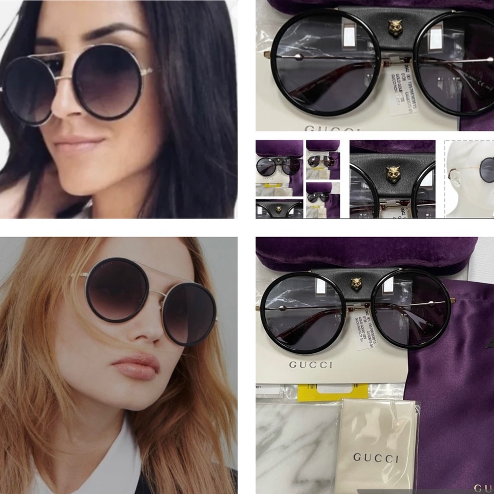 GUCCI UNISEX ROUND SUNGLASSES WITH DETACHABLE BLACK LEATHER & LOGO TIGER HEAD - Picture 5 of 16